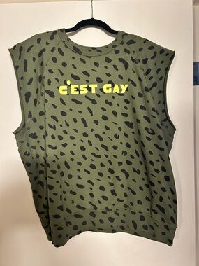 Clare V. Olive Green Leopard Print Crewneck Sleeveless Sweatshirt